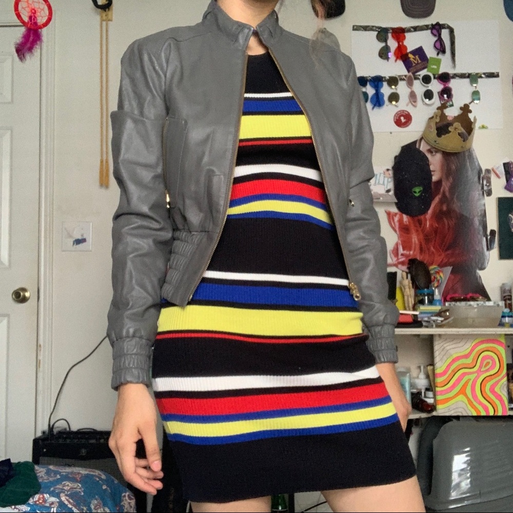 Gray Leather Crop Jacket